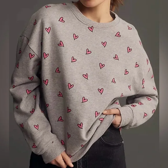 Anthropologie KULE The Oversized All Over Heart Sweatshirt Grey Pink Size Large - Picture 8 of 13